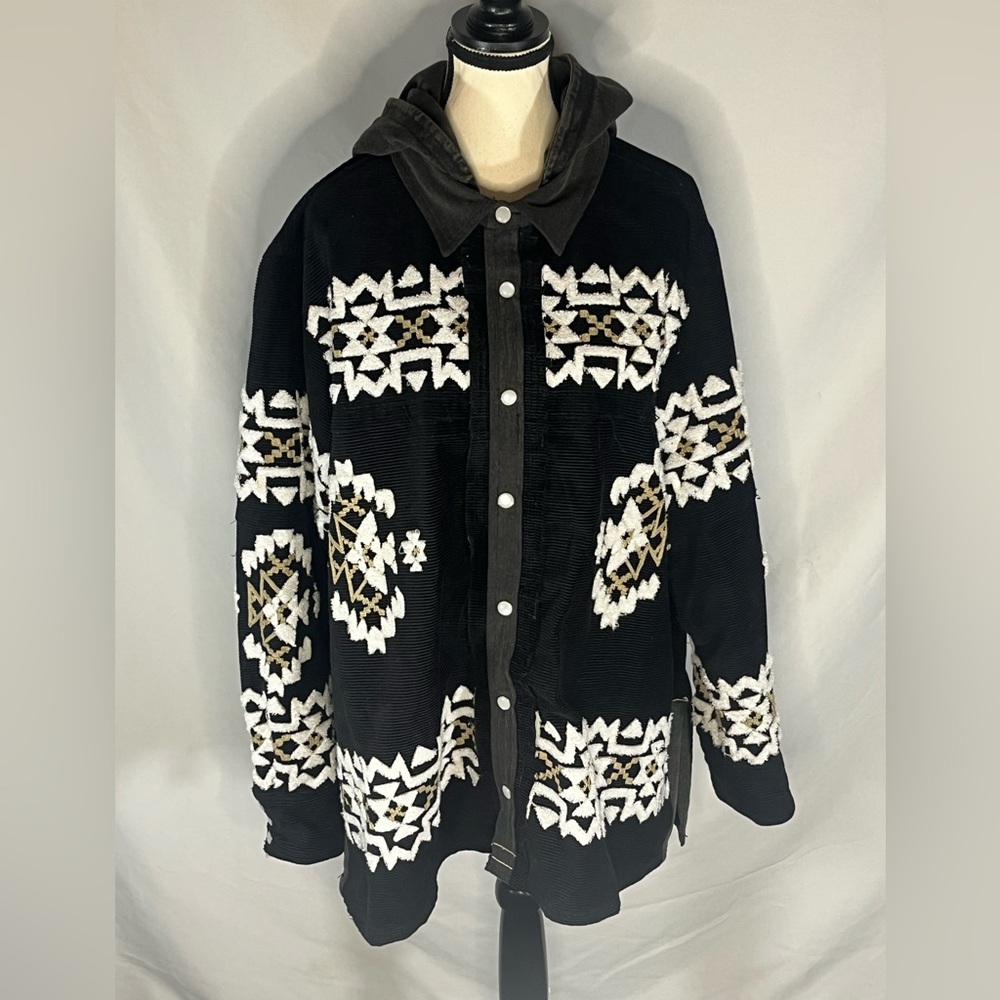 We The Free People Corduroy Hooded Southwest Aztec Embroidered Shacket Jacket M